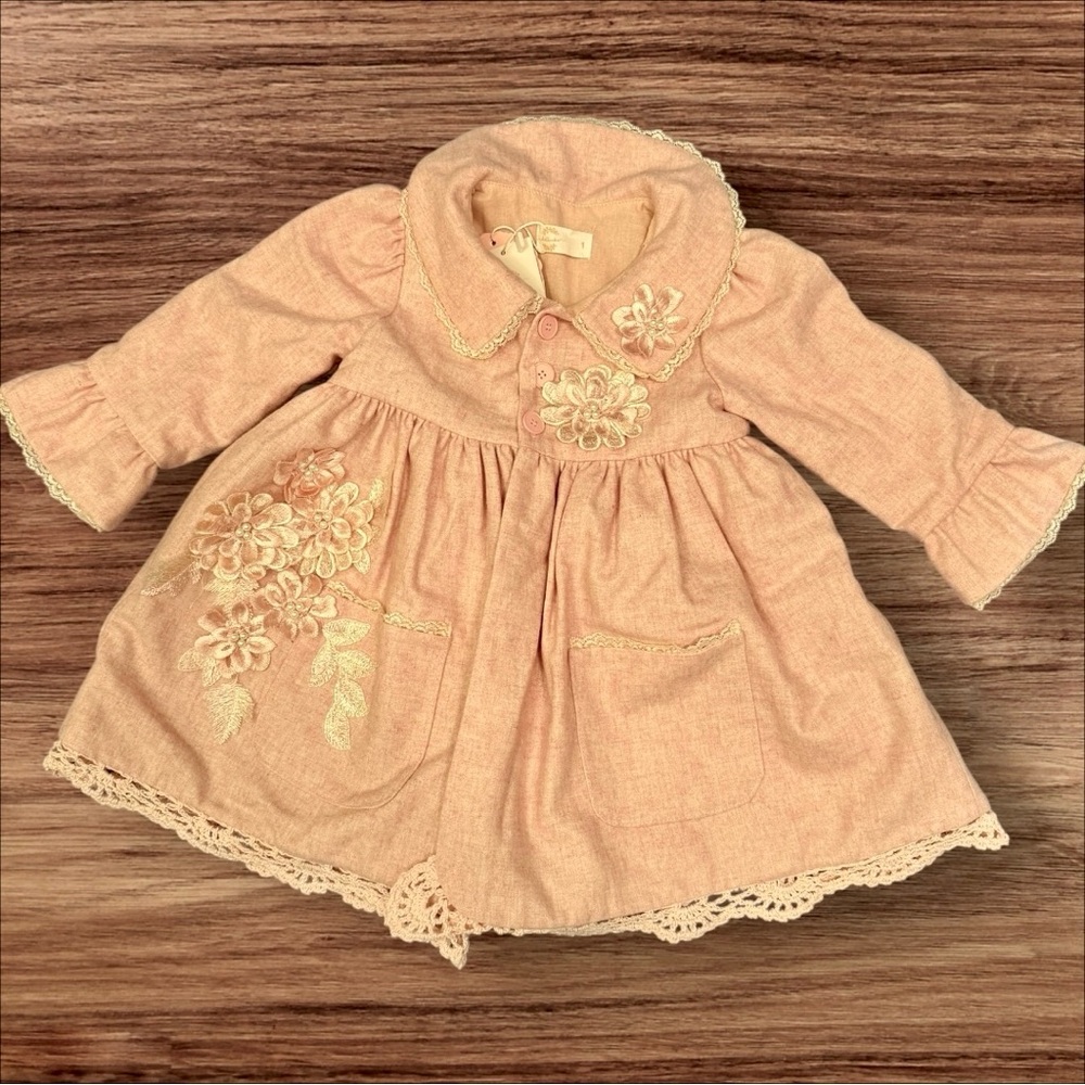 Dollcake Pink Embroidered Jacket with Lace Trim & Pearls – Size 1